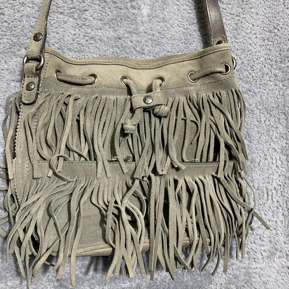 Patricia Nash Crossbody Bag Womens Medium Sage Green Suede Fringe DrawstringBoho